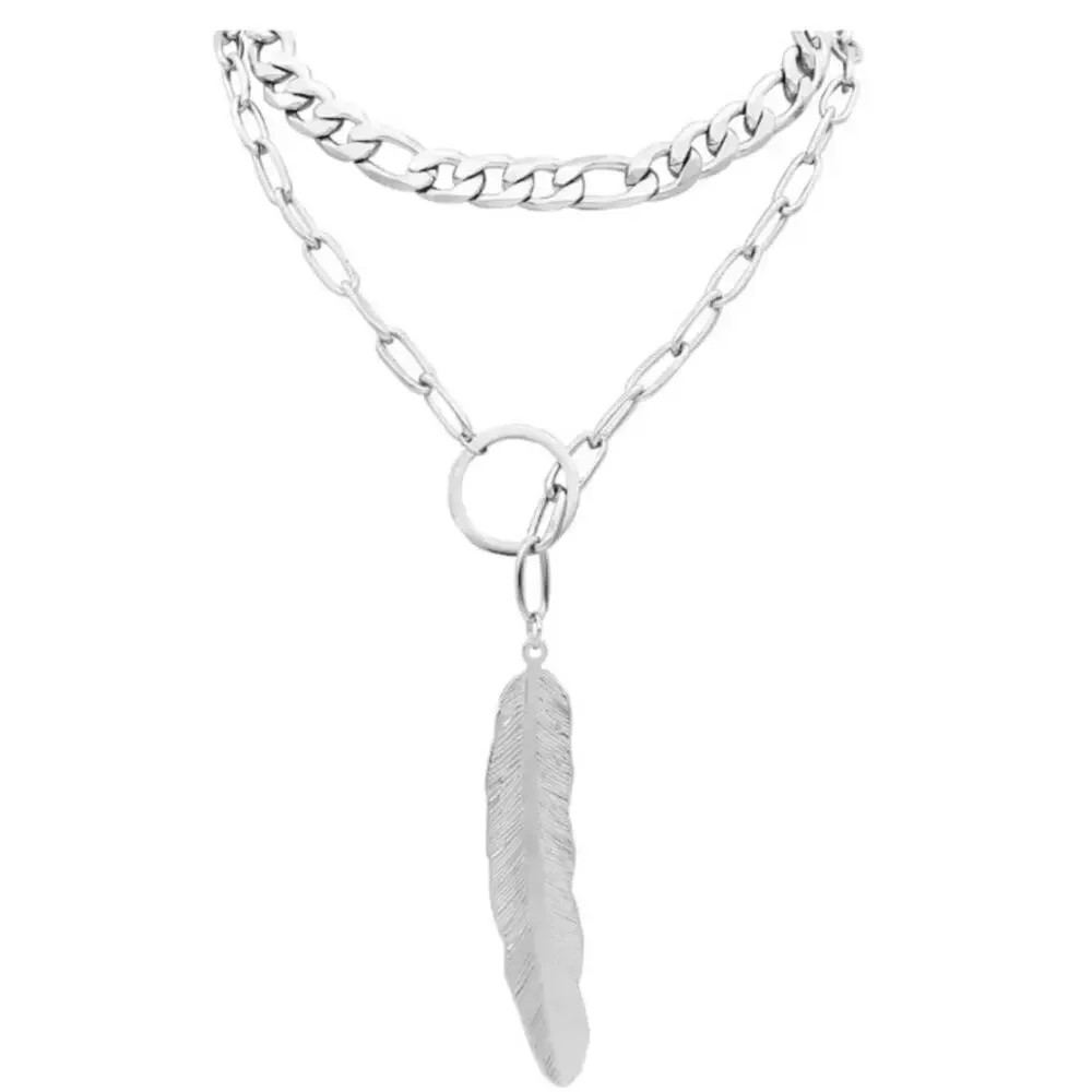 ADORNIA Mixed Chain Feather Lariat Layered Necklace NEW